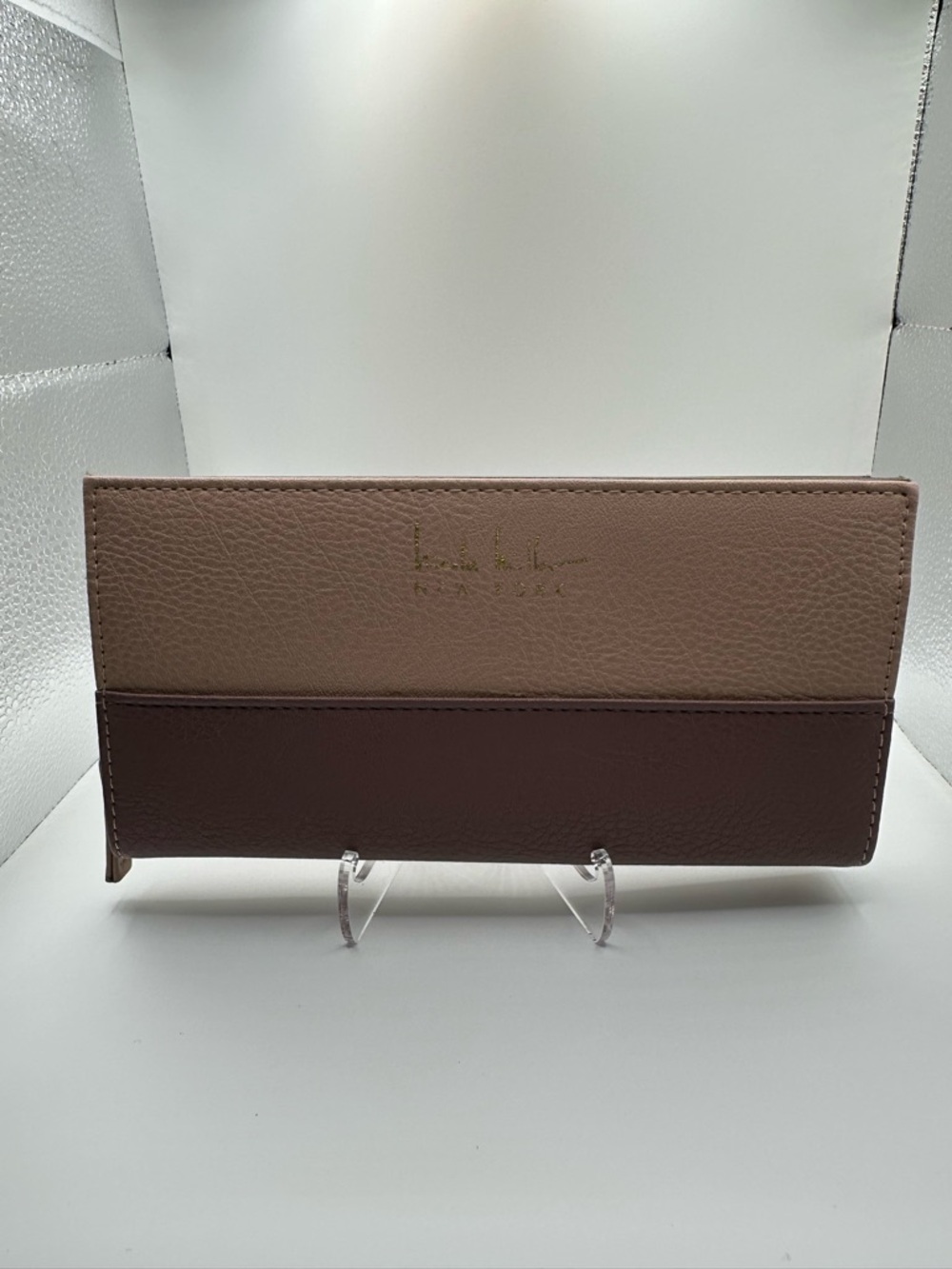Nicole Miller Two-Tone Leather Long Wallet in Mauve and Deep Brown